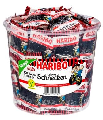 Haribo Lakritz Schnecken 100 Minibeutel in Runddose