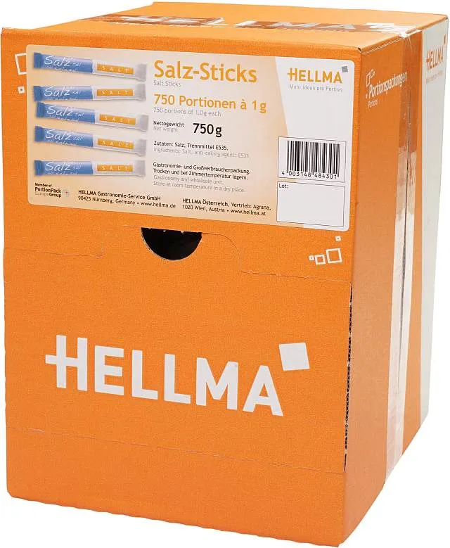 HELLMA Salz-Sticks im orangefarbenen Displaykarton, 750 Portionen à 1 g für Buffet und Gastronomie