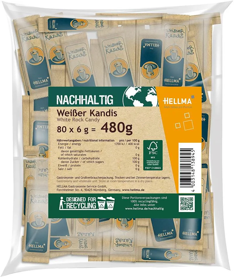 Hellma weißer Kandis in 80 Portionsbeuteln à 6 g, nachhaltige Großverbraucherpackung