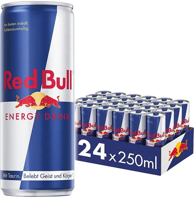 Red Bull Energy Drink 24 x 0,25 l Dosen im Tray, vorne eine große Dose