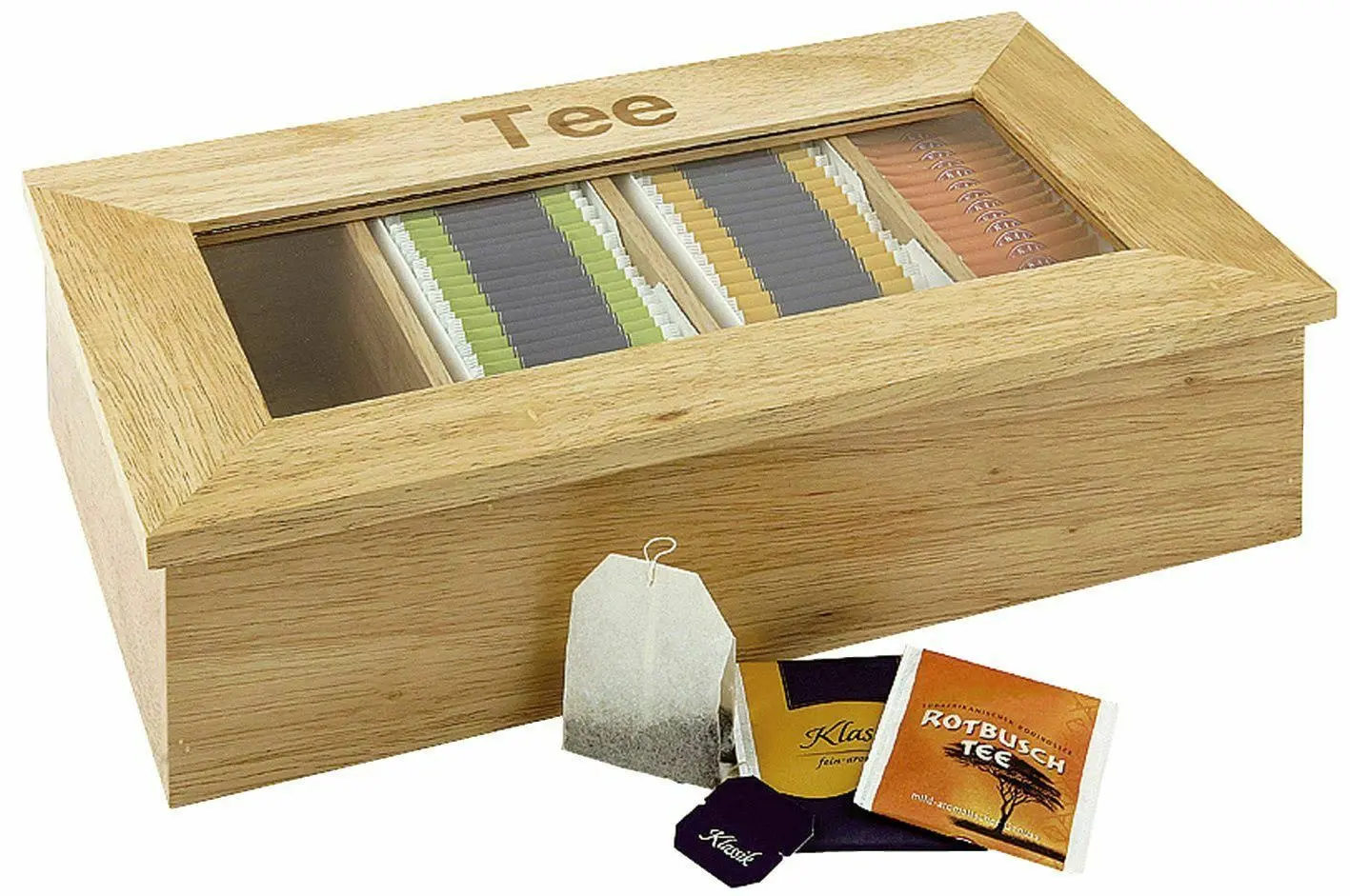 APS Teebox aus Holz mit Sichtfenster und 4 Kammern für kuvertierte Teebeutel, Holzbox ca. 33,5 x 20 cm bei CaterPoint.de