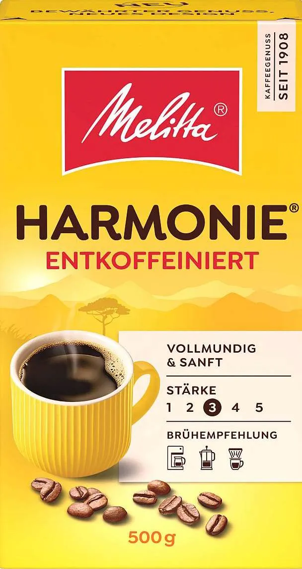 Melitta Harmonie entkoffeinierter Kaffee 500g, mild-vollmundig und sanft, gelbe Packung mit Kaffeetasse