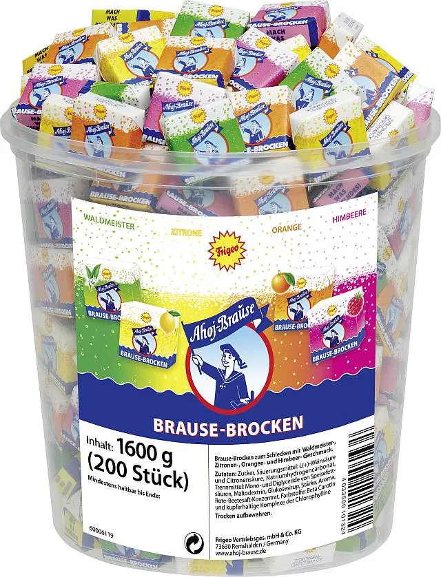 Frigeo Ahoj-Brause Brocken im Eimer, 200 einzeln verpackte Brausebonbons in 4 Sorten