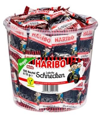 Haribo Lakritz Schnecken 100 Minibeutel in Runddose | Caterpoint.de